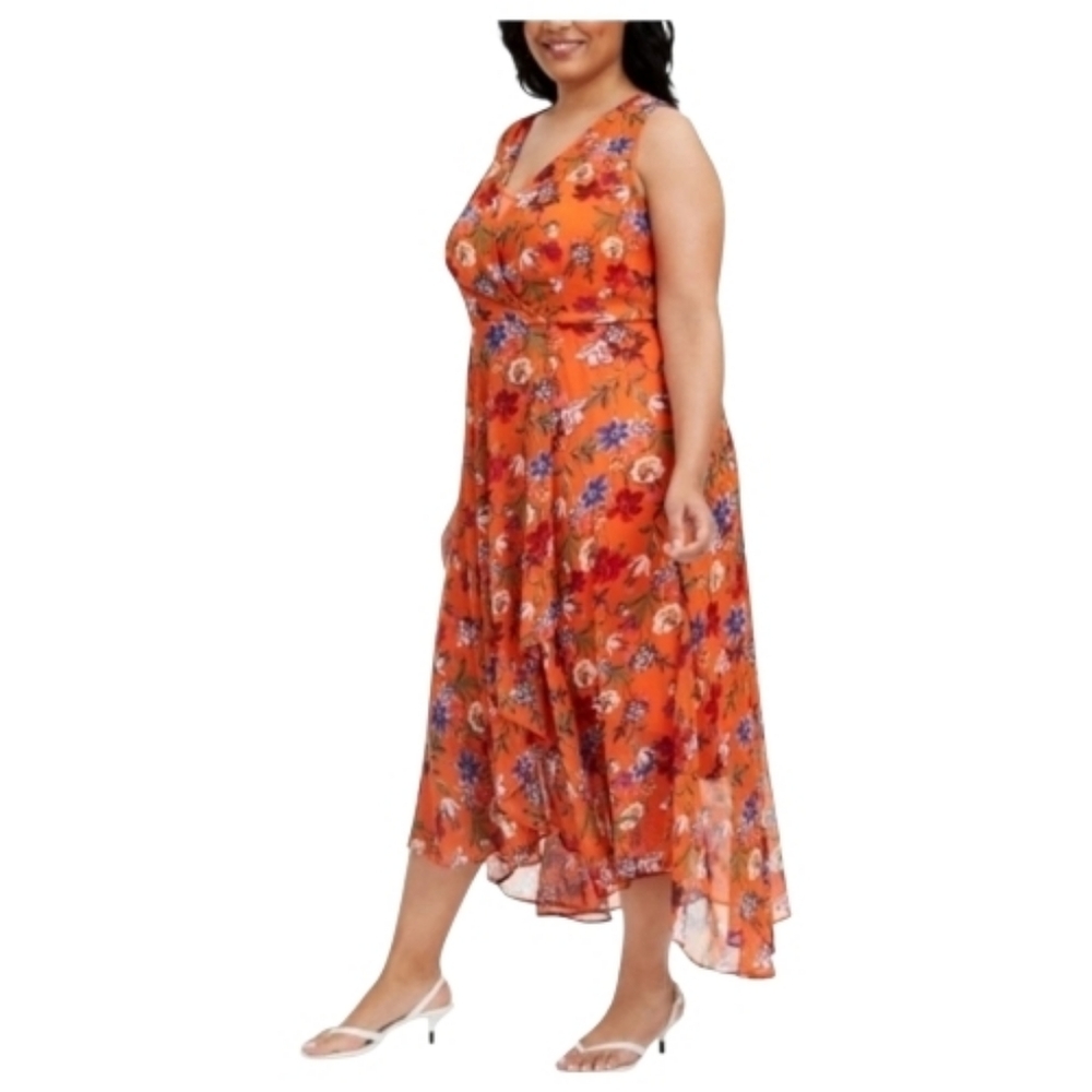 Calvin Klein Dress Midi Floral Sleeveless Summer Casual Orange 16 Plus